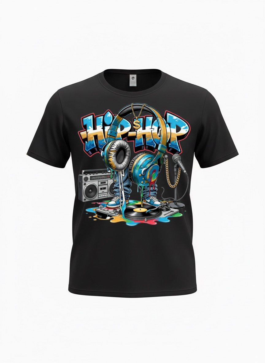 Black t-shirt with colorful 'Hip Hop' design featuring a boombox, headphones, and sneakers on a white background.