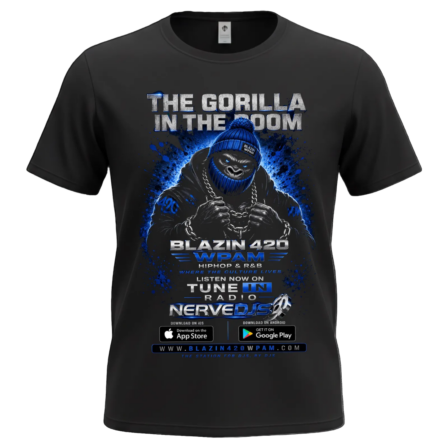 A black short-sleeve graphic t-shirt featuring a blue and white print of a gorilla with the text 'THE GORILLA IN THE DOOM' and 'BLAZIN 420 WMF3 HIPHOP & R&B'. The graphic also includes 'Nerved 3.