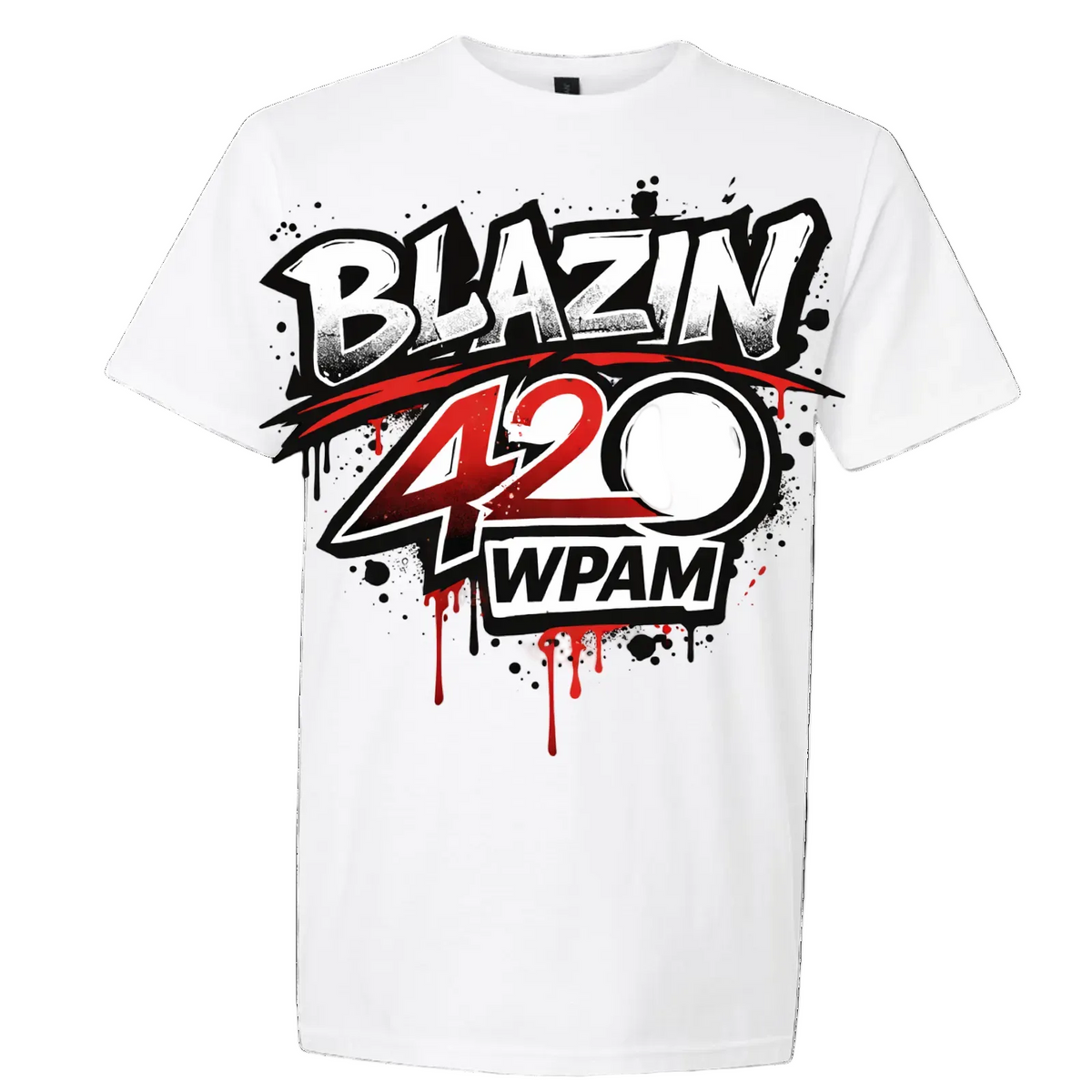 A white short-sleeve crewneck t-shirt featuring a large graphic print on the front with the text 'BLAZIN 420 WPAM' in black, white, and red with paint splatter details.