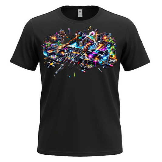 A black short-sleeve crewneck t-shirt featuring a vibrant, colorful graphic print of a DJ setup with a neon-lit DJ head and various mixing equipment on the chest, displayed against a solid white background.
