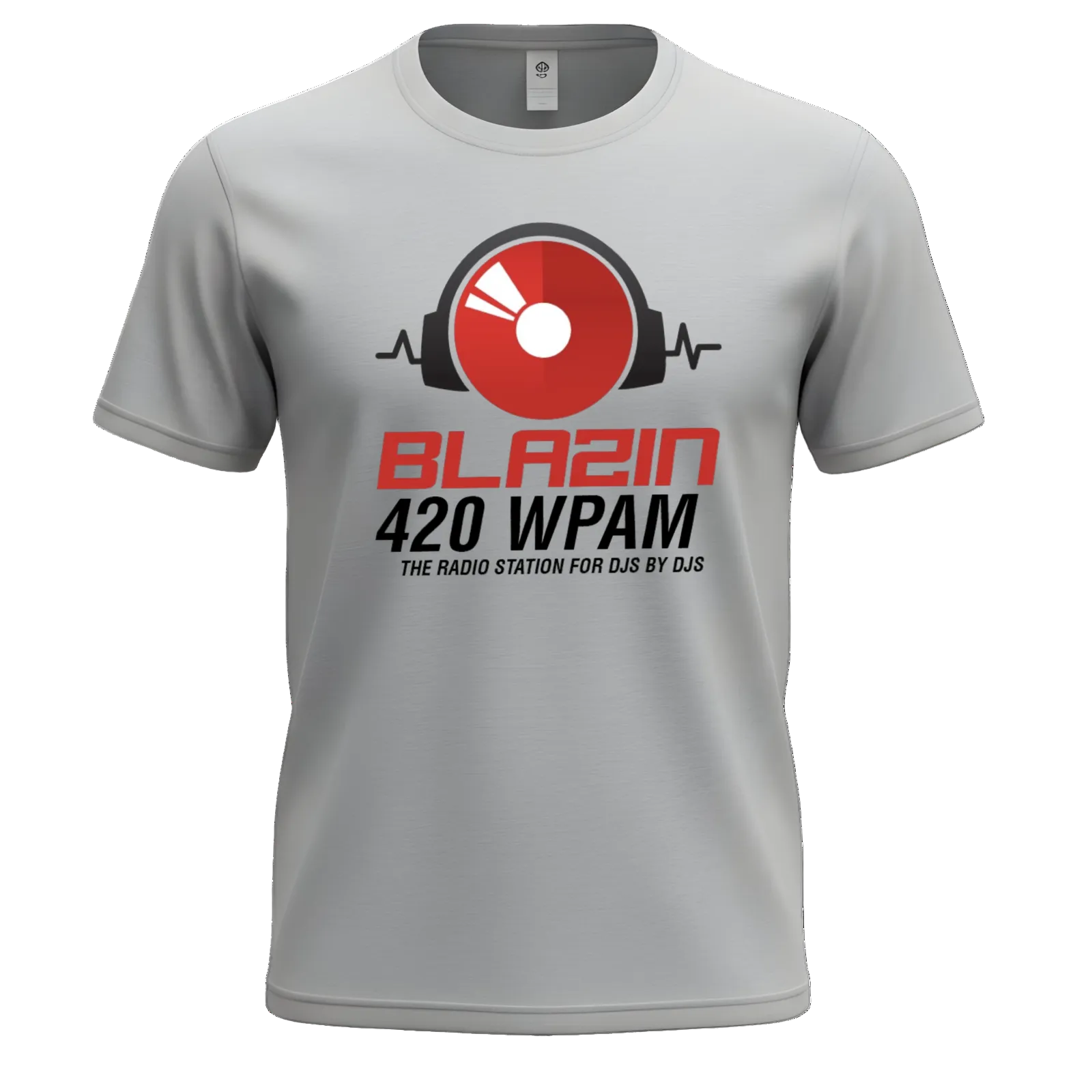 A light gray short-sleeve crewneck t-shirt featuring a graphic print of a red and black radio speaker with headphones, the text 'BLAZIN 420 WPAM', and 'THE RADIO STATION FOR DJs BY DJs' on the front.