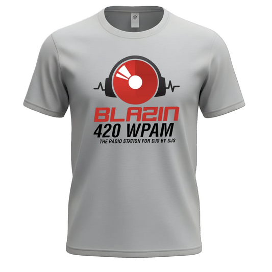A light gray short-sleeve crewneck t-shirt featuring a graphic print of a red and black radio speaker with headphones, the text 'BLAZIN 420 WPAM', and 'THE RADIO STATION FOR DJs BY DJs' on the front.