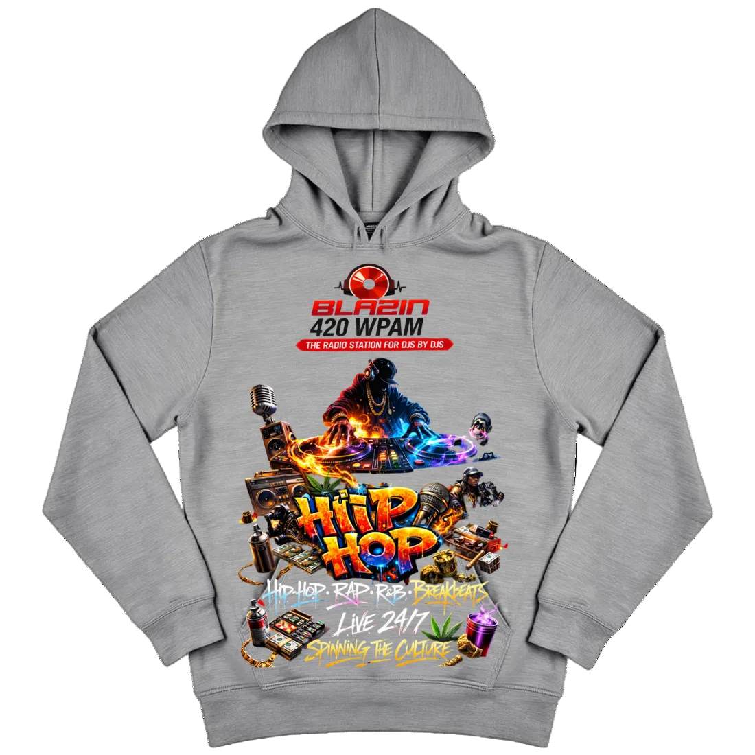 Gray hoodie with colorful 'Hip Hop' design and text on a white background