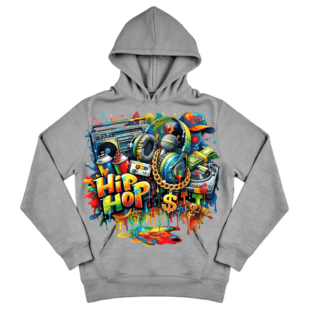 Gray hoodie with colorful 'Hip Hop' design on a white background