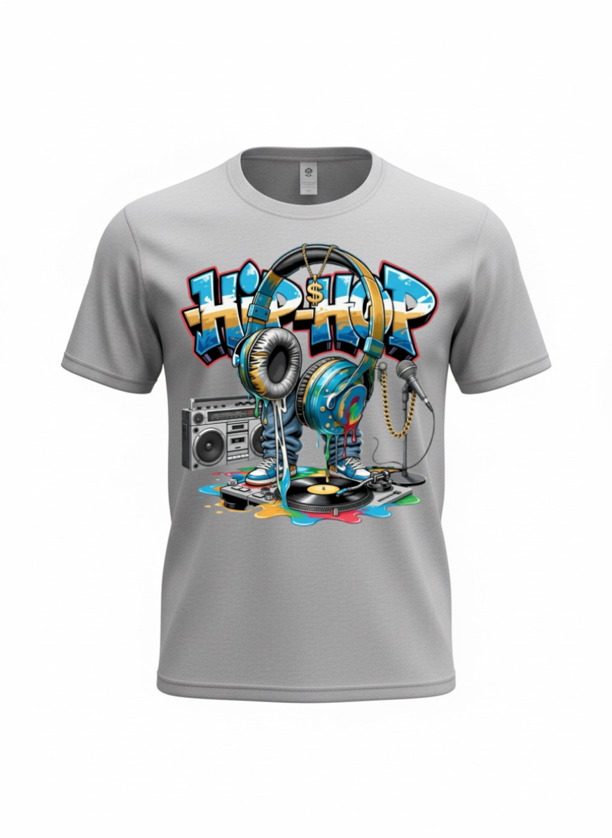 Gray t-shirt with colorful 'Hip Hop' graphic design featuring a turntable, boombox, and vinyl record on a white background.