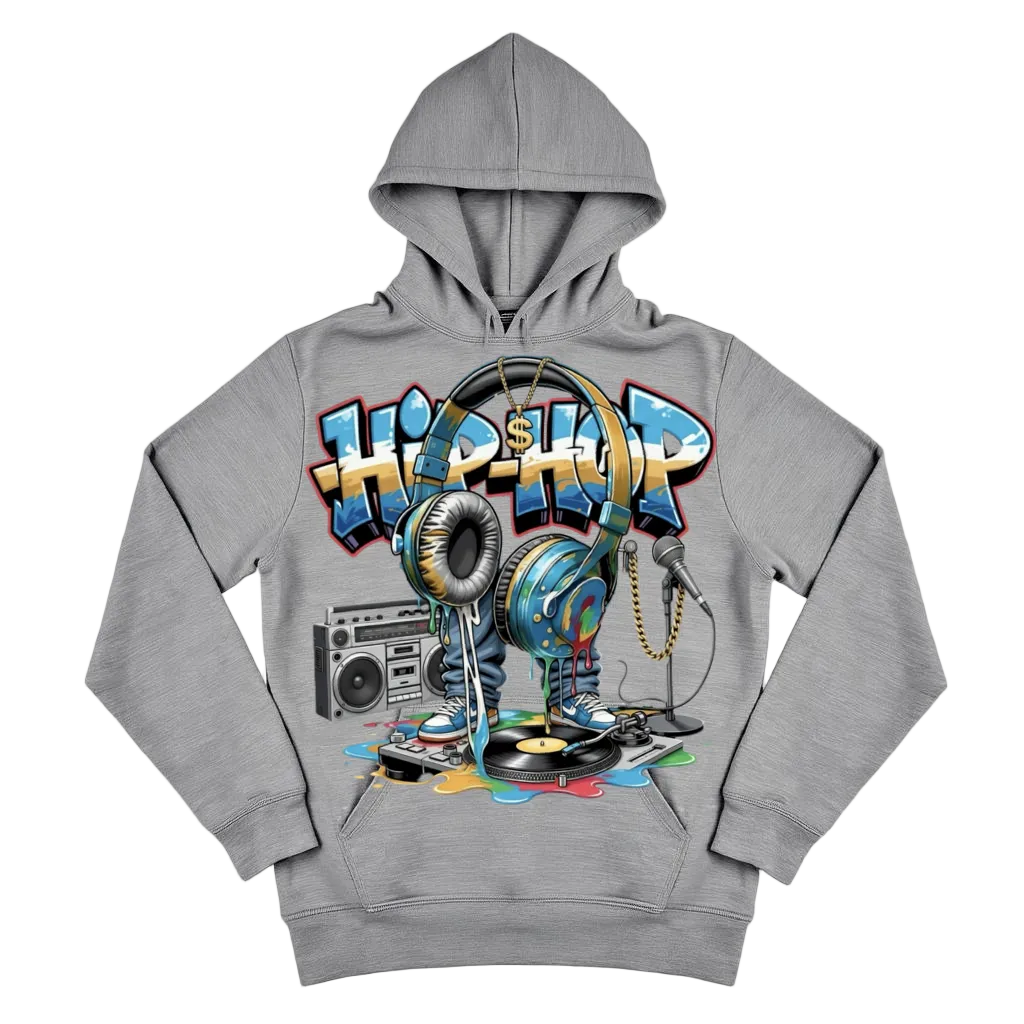 Gray hoodie with colorful 'Hip Hop' design featuring headphones, boombox, and turntables on a light gray background.