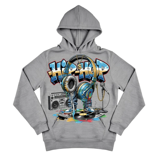 Gray hoodie with colorful 'Hip Hop' design featuring headphones, boombox, and turntables on a light gray background.