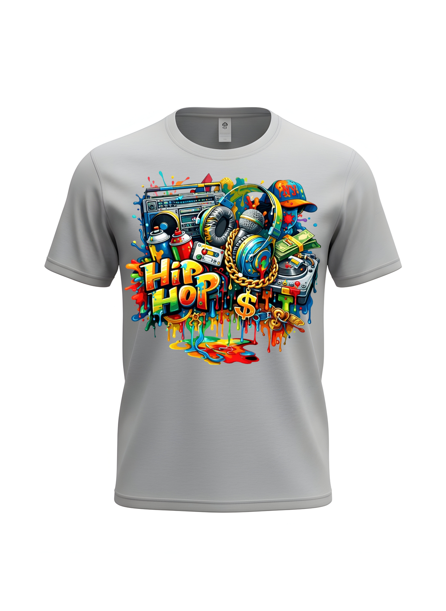 Gray t-shirt with colorful 'Hip Hop' graphic design on a white background
