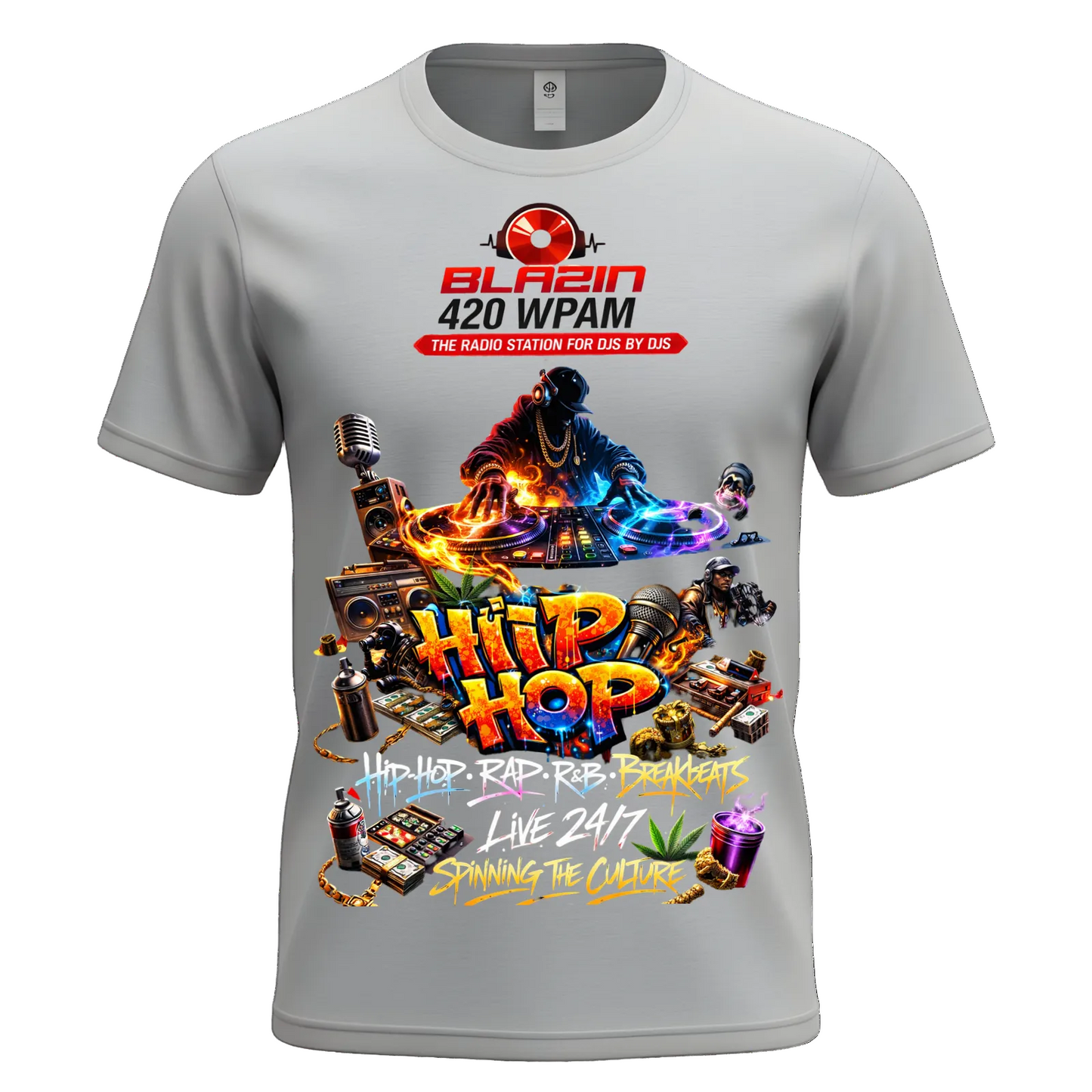 Gray t-shirt with colorful 'Hip Hop' design and radio station branding on a white background