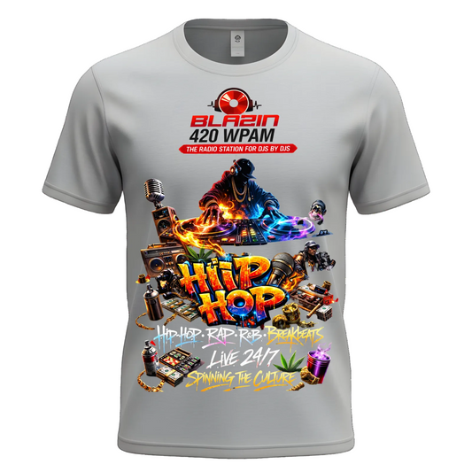 Gray t-shirt with colorful 'Hip Hop' design and radio station branding on a white background