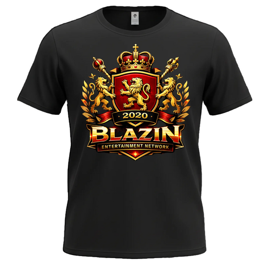 A black short-sleeve crewneck t-shirt featuring a large graphic print on the front. The graphic displays a golden crown, two lions flanking a red shield, laurel branches, and the text '2020 BLAZIN ENTERTAINMENT NETWORK' in gold and red lettering.