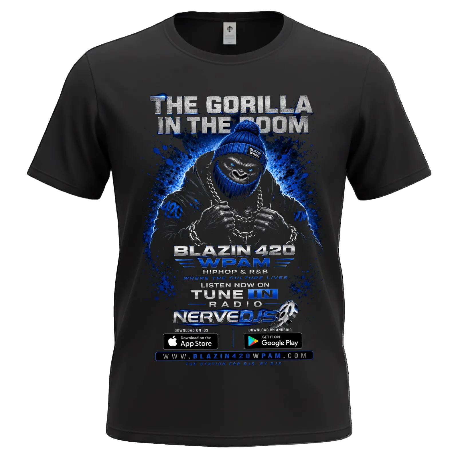 A black short-sleeve graphic t-shirt featuring a blue and white print of a gorilla with the text 'THE GORILLA IN THE DOOM' and 'BLAZIN 420 WMF3 HIPHOP & R&B'. The graphic also includes 'Nerved 3.