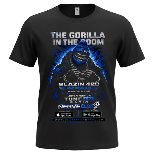 A black short-sleeve graphic t-shirt featuring a blue and white print of a gorilla with the text 'THE GORILLA IN THE DOOM' and 'BLAZIN 420 WMF3 HIPHOP & R&B'. The graphic also includes 'Nerved 3.