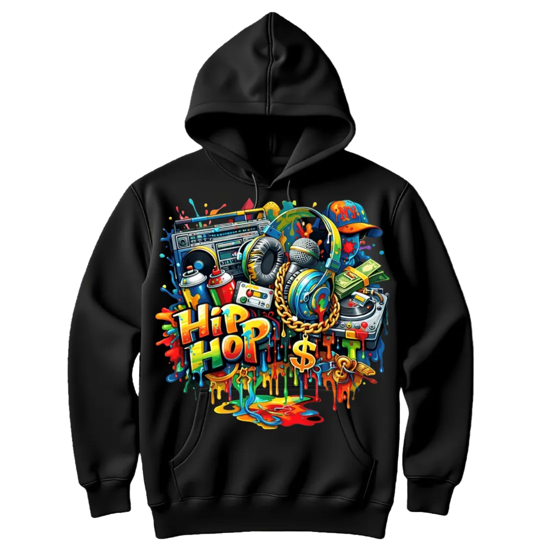 Black hoodie with colorful 'Hip Hop' graphic design on a white background