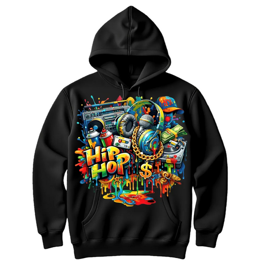 Black hoodie with colorful 'Hip Hop' graphic design on a white background