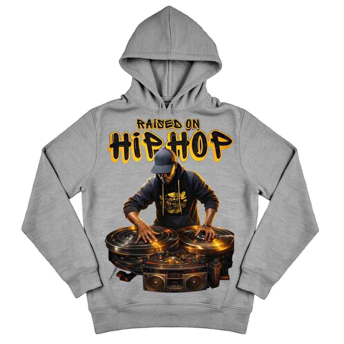 Gray hoodie with a graphic of a DJ and 'Raised on Hip Hop' text on a white background