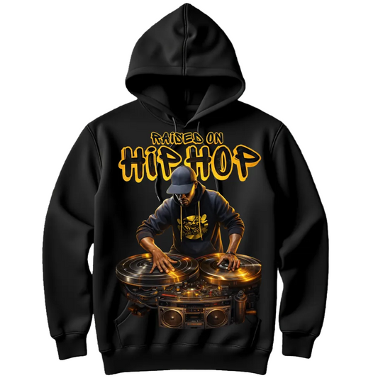 Black hoodie with a graphic of a person on a turntable and 'Raised on Hip Hop' text.